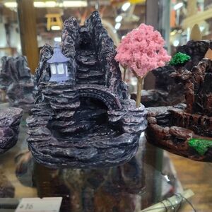 Miniature Rock Garden with Pink Tree and Bridge